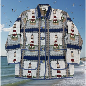 VTG 90's Blair Lighthouse Tapestry Chore Coat Women Sz M Nautical Coastal Jacket